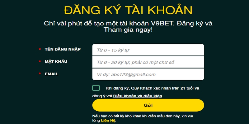 Nhập đầy đủ thông tin để việc đăng ký V9bet diễn ra nhanh chóng